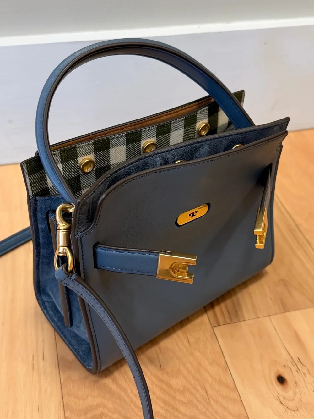 Tory Burch Lee Radziwell Petite Blue Leather Top-Handle Crossbody